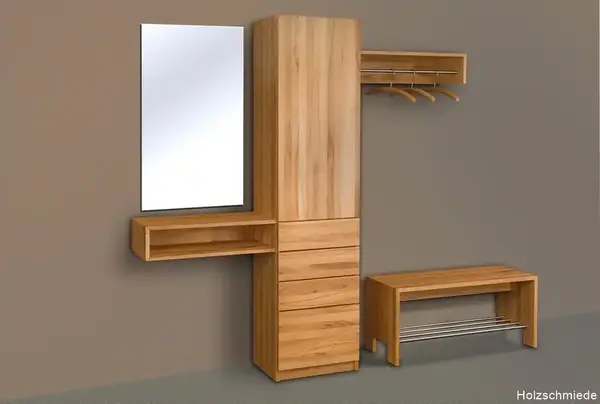 Moderne Garderobe aus Massivholz mit Spiegel, Bank, Kleiderstange und Schubladen an einer Wand.
